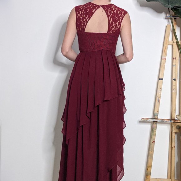 Red Lace Ruffle Asymmetric Maxi Dress - Picture 5 of 6